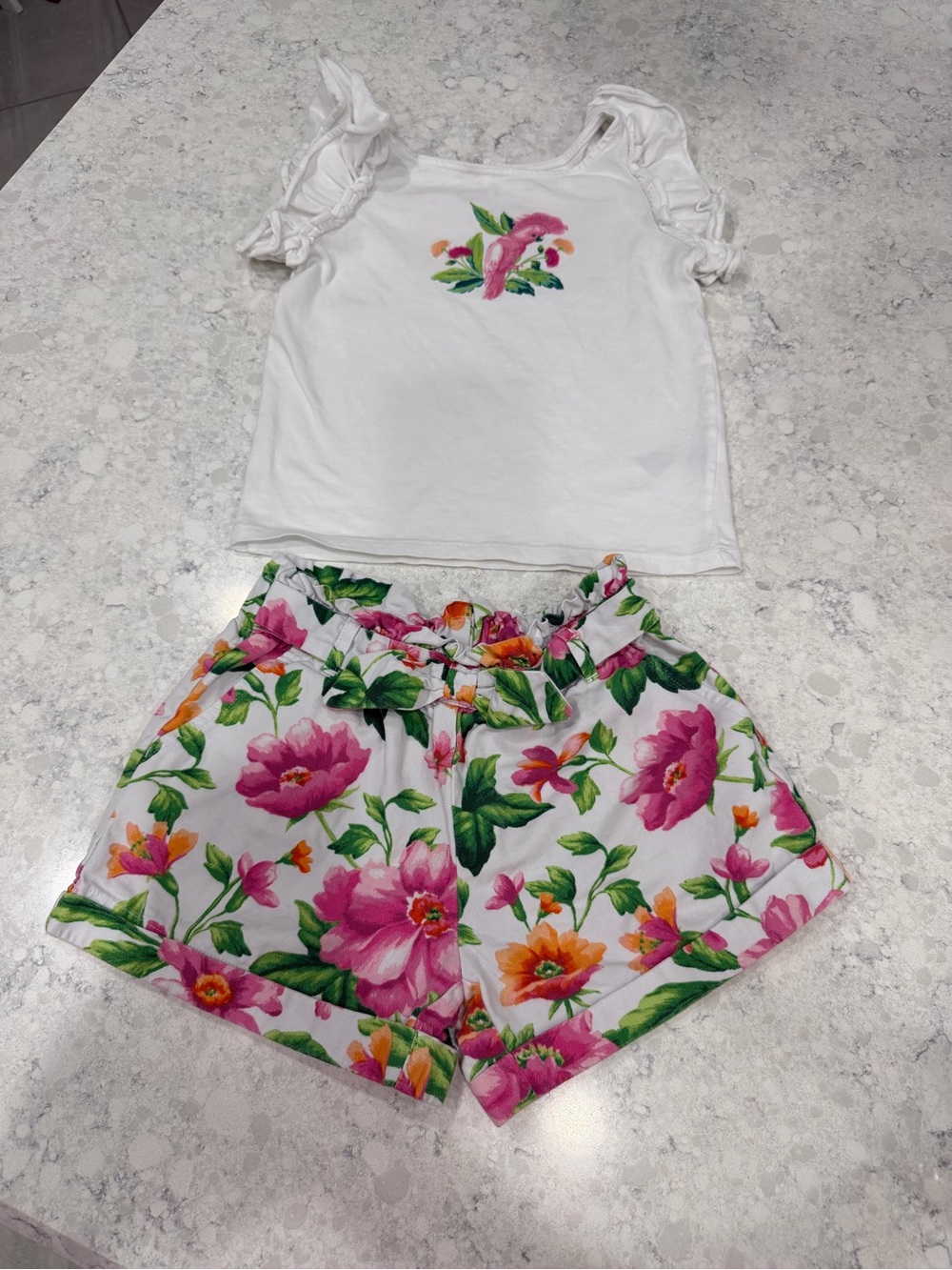 Janie and Jack White Floral-Print High Waist Shorts with Pink & Green Blooms